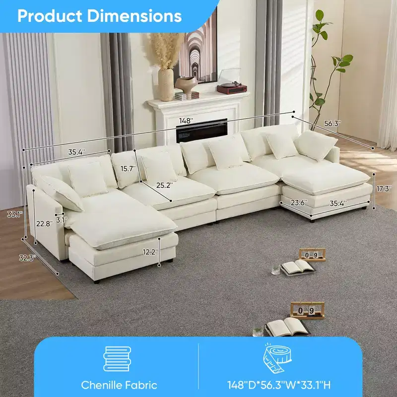 Mjkone 148'' Oversized Modular Sectional Sofa, U-Shaped 6-Seat Chenille Upholstered Deep Seat Sofa with 2 Ottomans