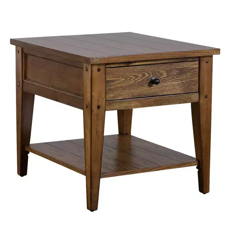 Casual Country Style End Table with Drawer and Bottom Shelf, Oak Finish