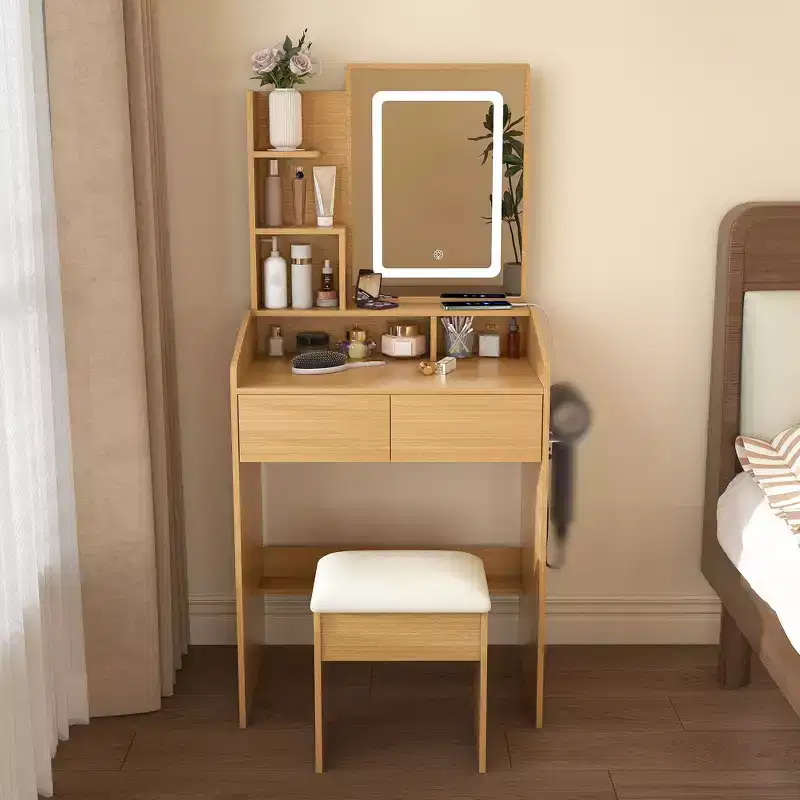 Vanity Desk Set with Mirror & Lights, Small Corner Makeup Table with Vanitys Chair Stool, Dressing Table with Storage Drawers & Shelves