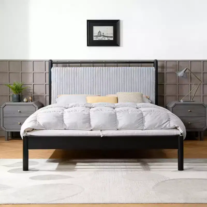 Modern Rubberwood Platform Bed Frame with Light Grey Fluffy Headboard