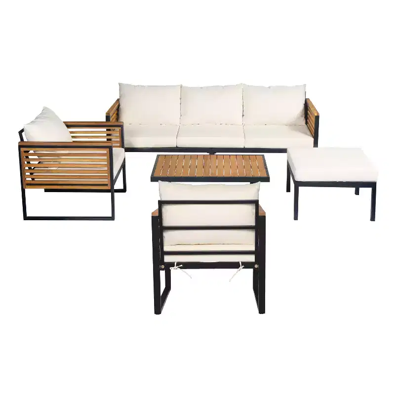 Christopher Knight Home Faye 5 Piece Patio Acacia and Metal Upholstered Seating Set with Slat Design