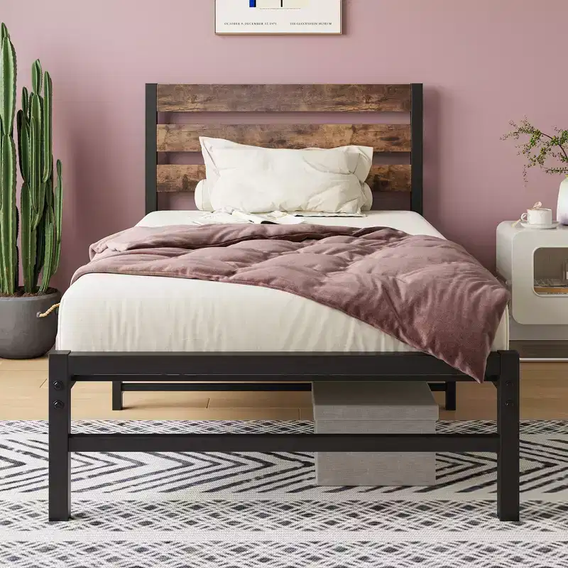 CLIHOME Rustic Brown Platform Bed Frame with Rustic Vintage Wood Headboard, Strong Metal Slats Support Mattress Foundation