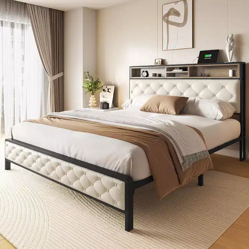 Modern Platform Bed Frame with Upholstered Storage Headboard and Footboard