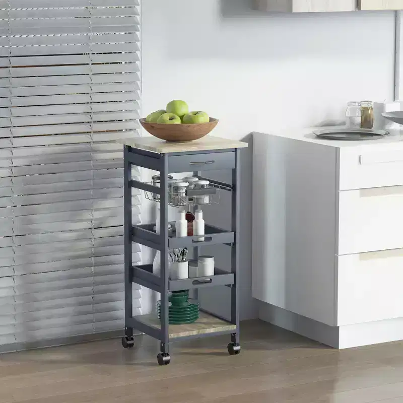 Mobile Rolling Kitchen Island Trolley Serving Cart with Underneath Drawer & Slide-Out Wire Storage Basket