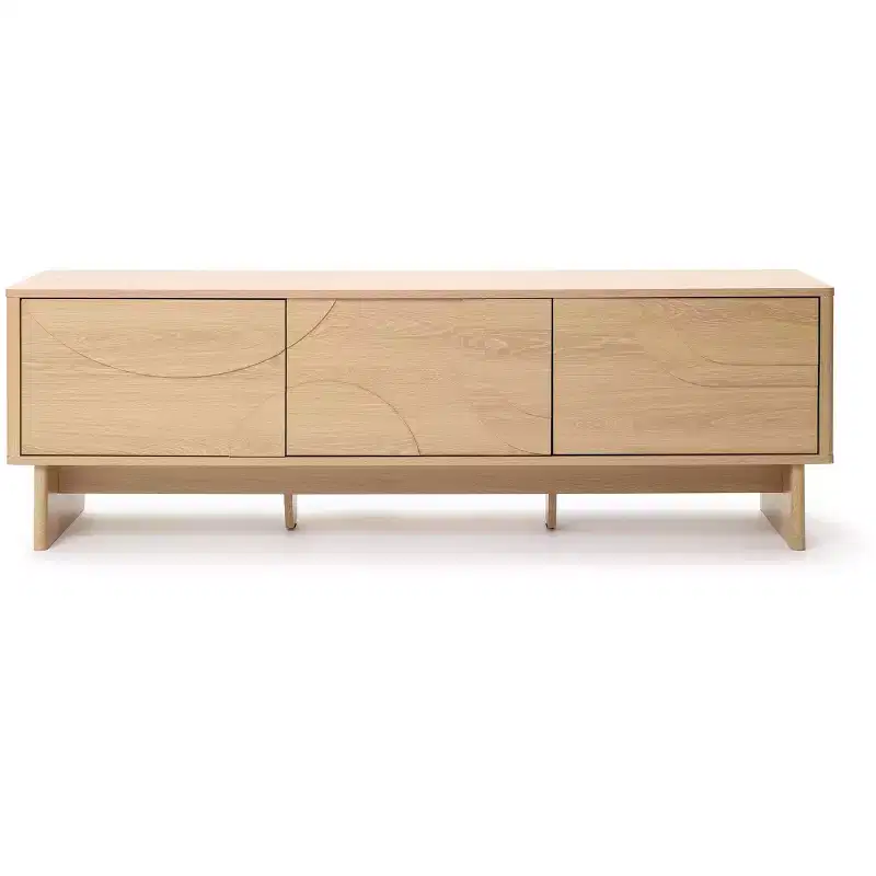 LuxenHome Modern 59 TV Console with 3 Doors, Geometric Carved Front, Light Wood, Manufactured Wood Brown