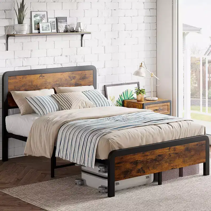 Queen-Size Bed Frame with Wooden Headboard and Footboard, Rustic Platform Bed with Metal Slats