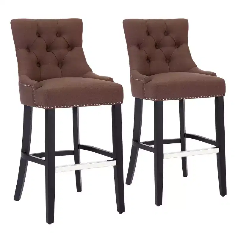 WestinTrends 29 Linen Tufted Buttons Upholstered Wingback Bar Stool (Set of 2), Brown