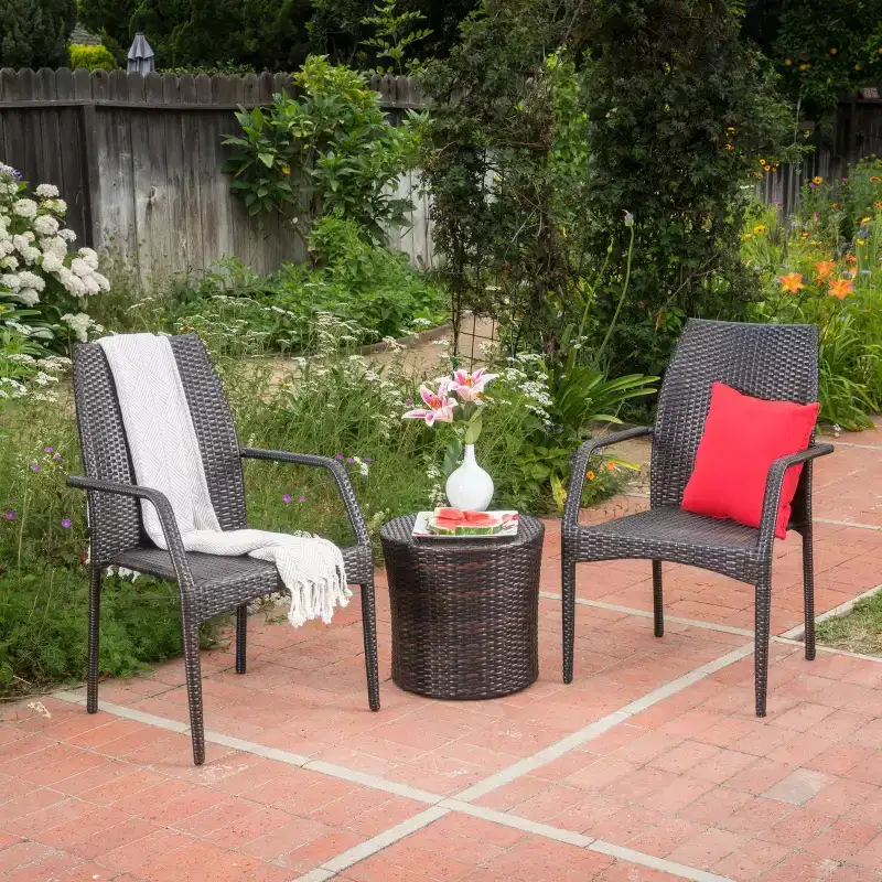 GDFStudio Blanca Outdoor Wicker 3 Piece Stacking Chair Chat Set, Multibrown