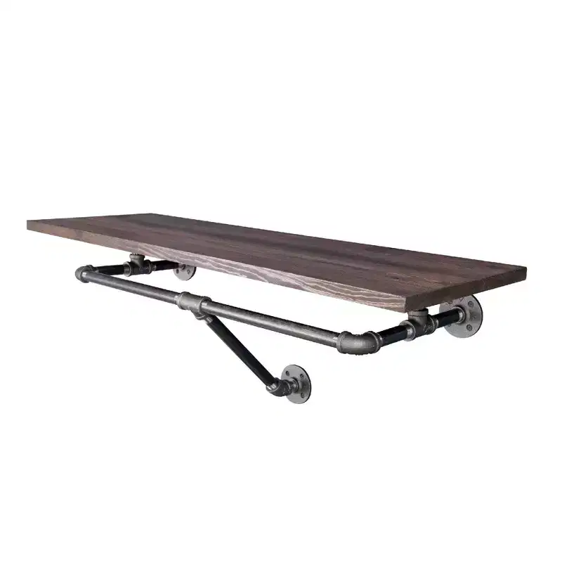 Pipe Decor 24 in. Wall Mounted Clothing Rack with Wood Shelf, Trail Brown