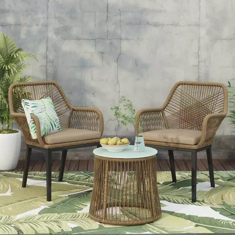 GDFStudio Fromberg Outdoor Wicker 3 Piece Chat Set with Cushion, Light Brown/Beige