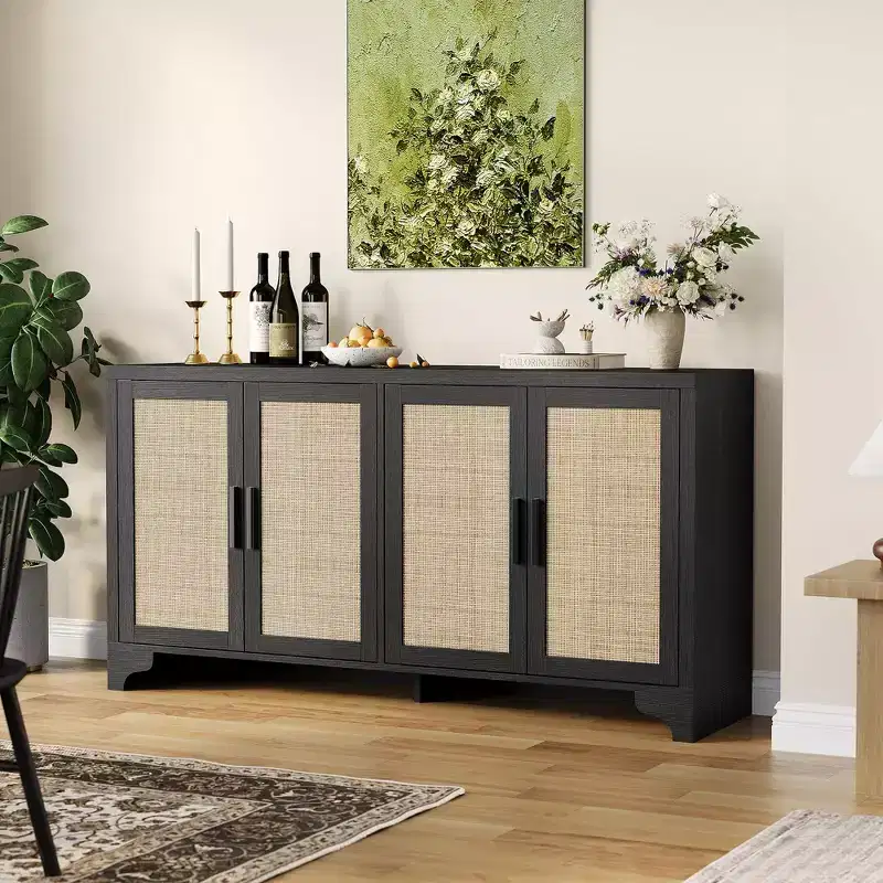 62 Inch Rattan Sideboard Buffet Cabinet, 4-Door Kitchen Storage Cabinet with Shelves