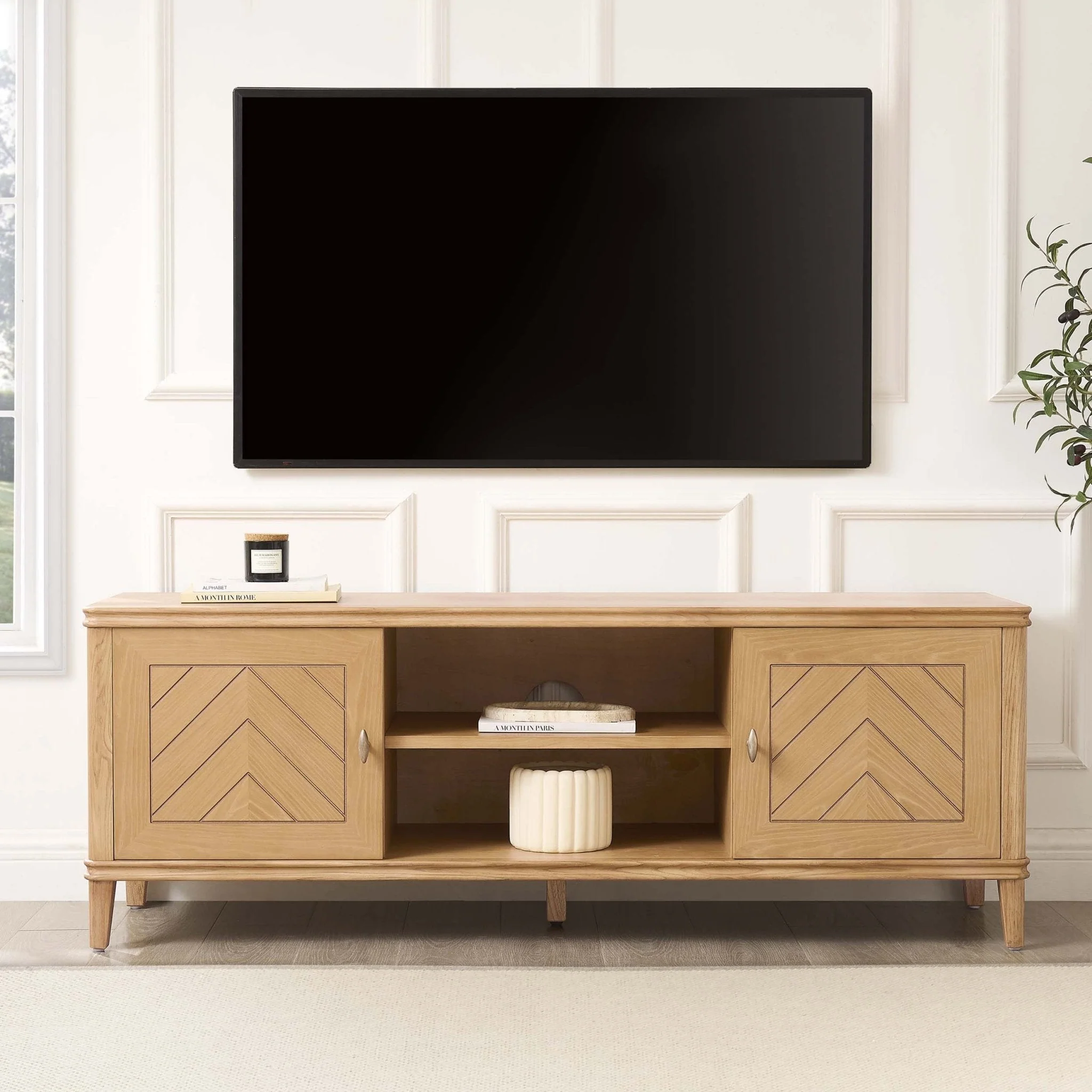 Scandi Light Wood Veneer TV Unit with Minimalist Design for TVs up to 60 Inch for Living Room