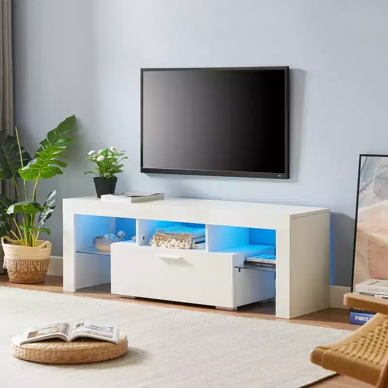 GDFStudio Soledad Modern LED TV Stand with Storage and Glass Shelf
