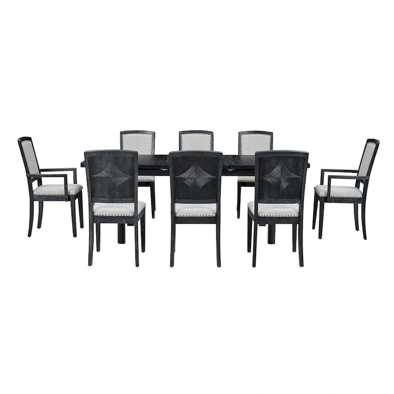 Rustic Extendable Dining Table Set with 24inch Removable Leaf, 6 Upholstered Armless Dining Chairs and 2 Padded Arm Chairs