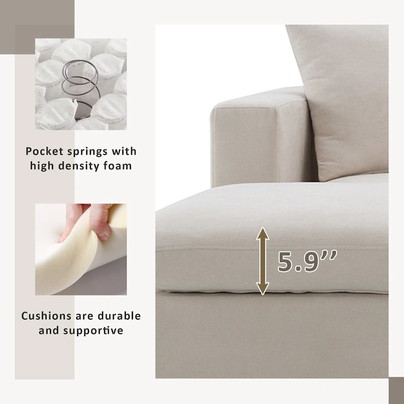 Modern 4-Seat L-Shaped Sectional Sofa, with 2 Free pillows, Convertible Ottoman