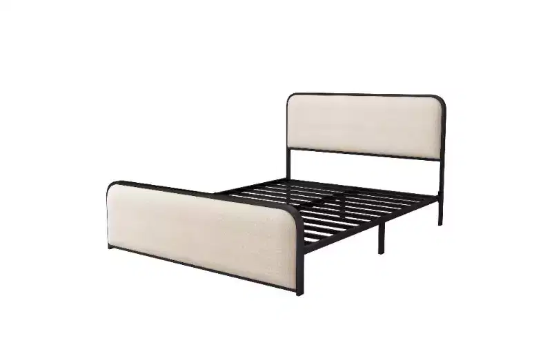 Queen Size Platform Bed Frame with Upholstered Curved Headboard & Footboard, Heavy-Duty Metal with Under-Bed Storage