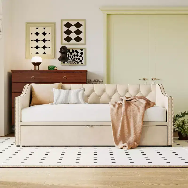 Twin Size Daybed with Pop Up Trundle, Upholstered Sofa Bed Frame with Backrest for Living Room, Bedroom & Guest Room