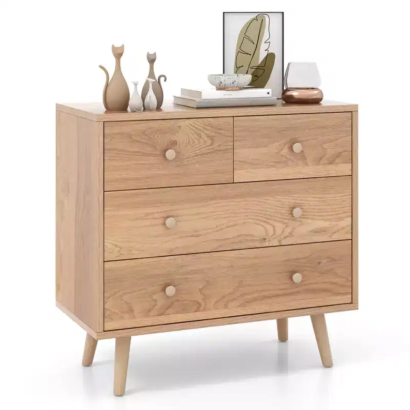 Costway 4-Drawer Dresser Chest Cabinet Storage Organizer Rubber Leg W/Rail Walnut Finish