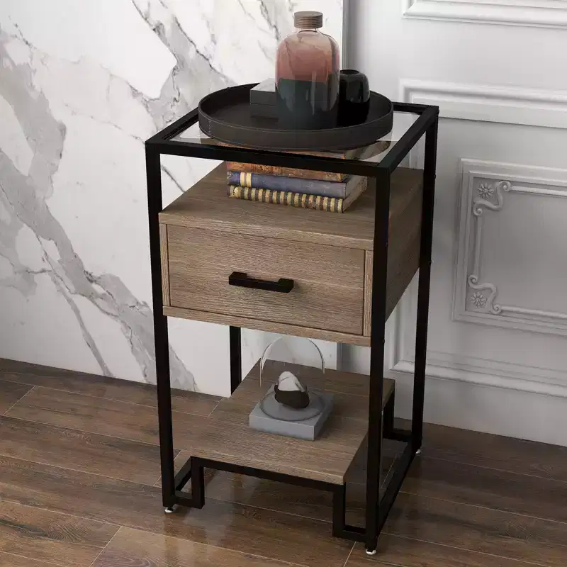 Nightstand End Table with Tempered Glass Top, Wood Drawer and Adjustable Legs, Bedside Table for Bedroom and Living Room