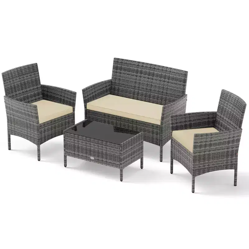 Costway 4 PCS Patio Furniture Set with Washable Cushions and Tempered Glass Coffee Table Gray