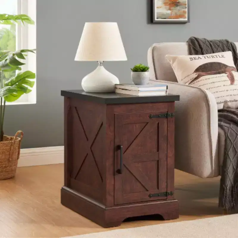 Farmhouse end table Nightstand Rectangular Farmhouse End Table with Barn Door and Adjustable Storage Shelf