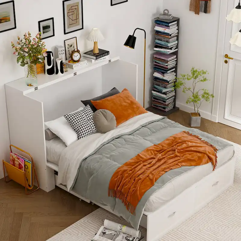 Modern Wood Full Murphy Bed Chest in White Finish Dresser 2-1 Cabinet