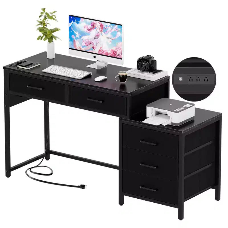 Corner Home Office Desk with File Drawers and Charging Station