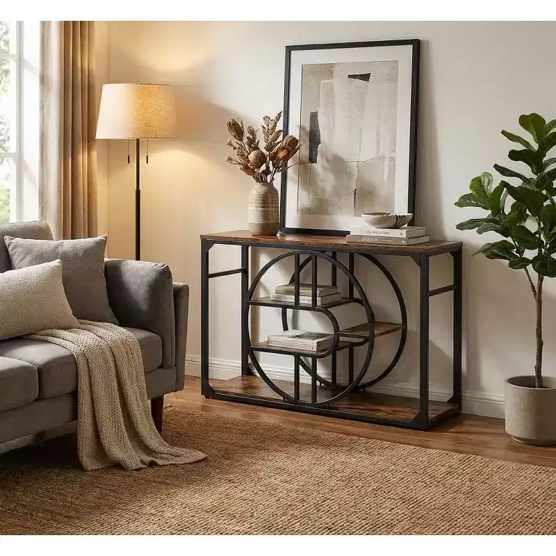 55 Industrial Entryway Table, 5-Tier Console with O-Shaped Metal Frame & Storage for Living Room & Hallway