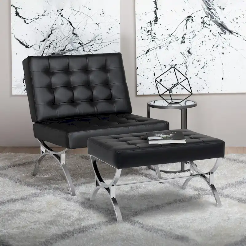 Newel Modern Blended Leather and Chrome Metal Frame Mid Century Accent Chair