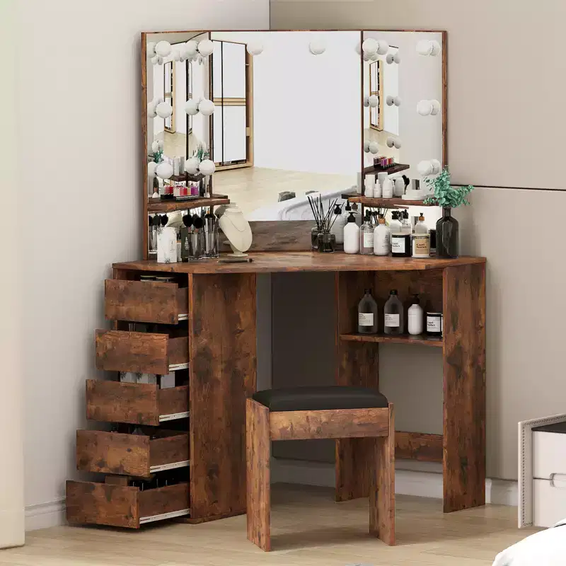 Corner Vanity Desk Set with 3 Lighted Mirrors, Makeup Vanity Table with Charging Station, Dressing Table with Drawers Storage Bench for Bedroom