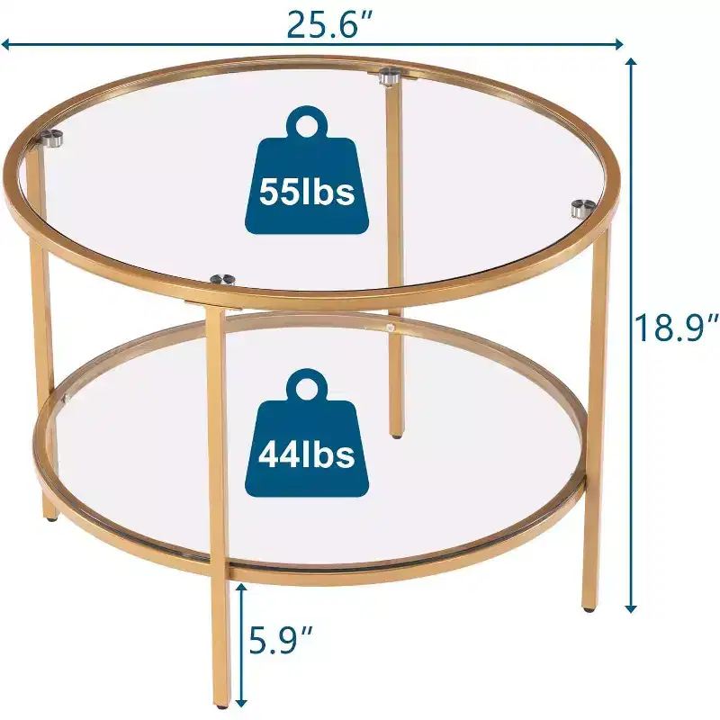VINGLI 25.6 Round Gold Coffee Tables, 2-Tier Glass Coffee Table with Storage, Simple & Modern Center Table for Living Room