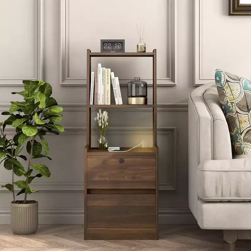 15-Inch Charging Station Bedside Table, Smart Nightstand with Bookshelf, Storage Compartment and Lockable Feature, Wood Finish