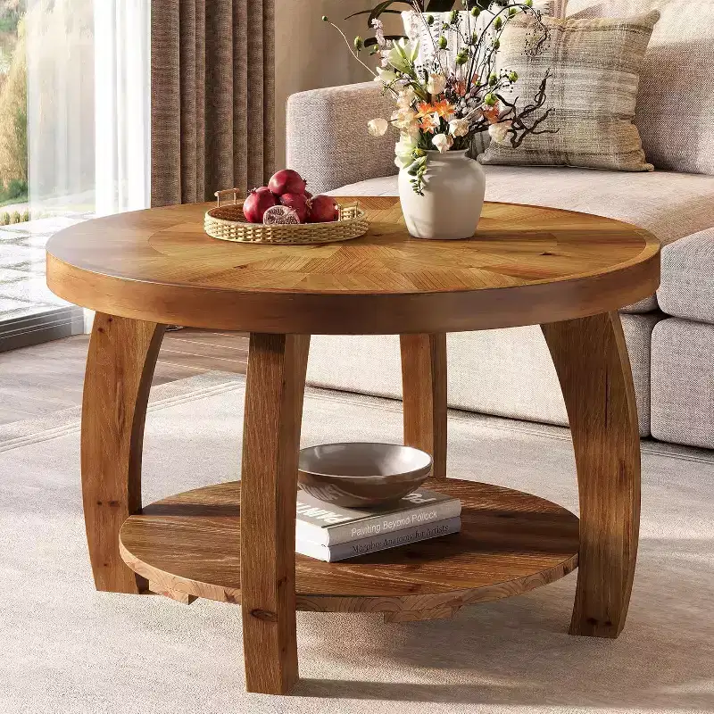 Lantine Solid Wood Round Coffee Table, 2-Tier Center Table with Storage, 31.5 Inch Tabletop with Mosaic Pattern, Easy Assembly, for Living Room, Brown