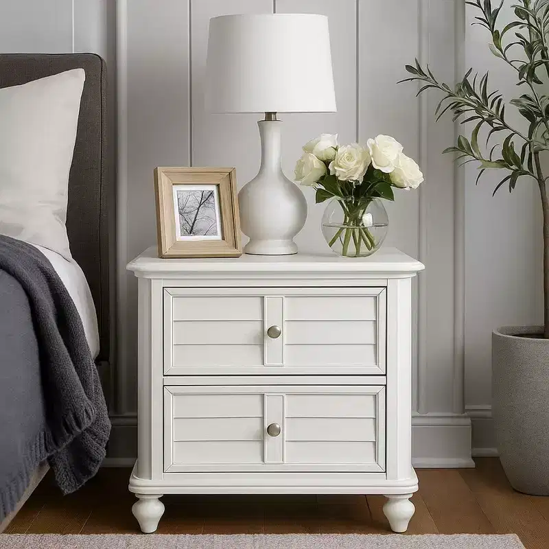 Nightstand, 2 Drawers, Classic Antique White Solid Wood, 28 Inch