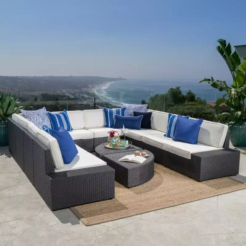 GDFStudio Lauren 12 Piece Outdoor Sectional Rattan Wicker Furniture Set with Table and Cushions
