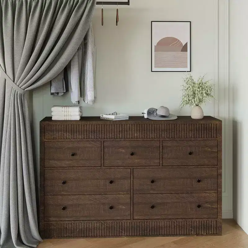 54 Wide 7 Drawer Wooden Dresser, Fluted Chest of Drawers & Storage Organizer for Bedroom, Living Room, Hallway & Entryway