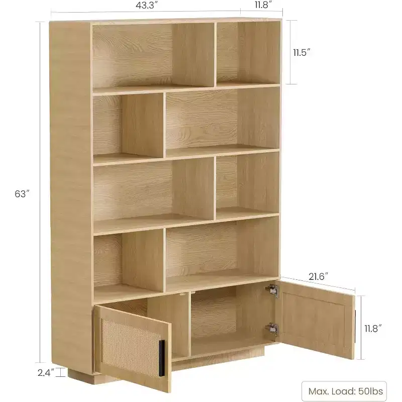 Acekool 5-Tier Bookshelf with Rattan Doors, Adjustable Shelves, Boho Wood Storage Cabinet for Living Room or Bedroom