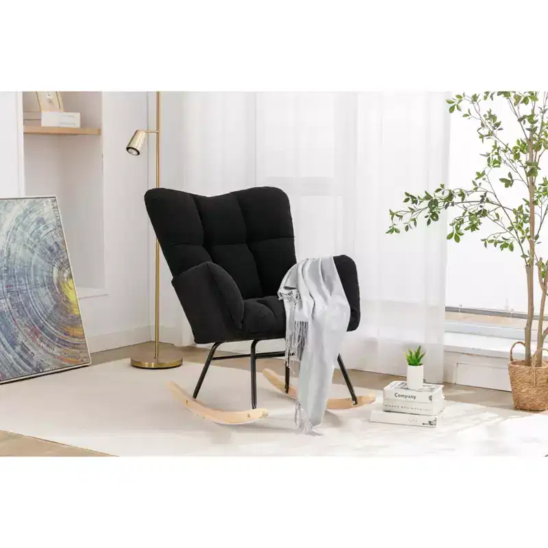 MAYEERTY Teddy Fabric Nursery Rocking Chair, Indoor Living Room Use, Black