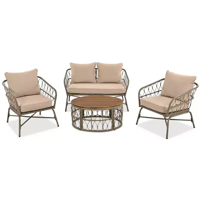 GDFStudio Isla Patio Bohemian Coastal 4-Piece Wicker Seating Set with Wood Oval Coffee Table and Removable Cushions