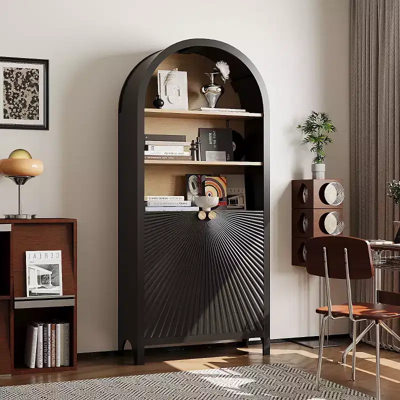 Arched Accent Storage Cabinet with Doors and Shelves, Modern Display Bookshelf with Hidden Storage for Living Room or Office - Panipeachy