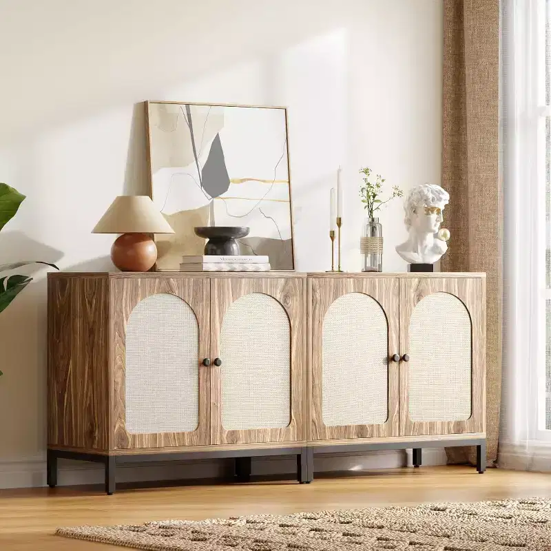2-Pack Rattan Sideboard Cabinets with Adjustable Shelves, Farmhouse Storage Buffets with Woven Doors,Brown