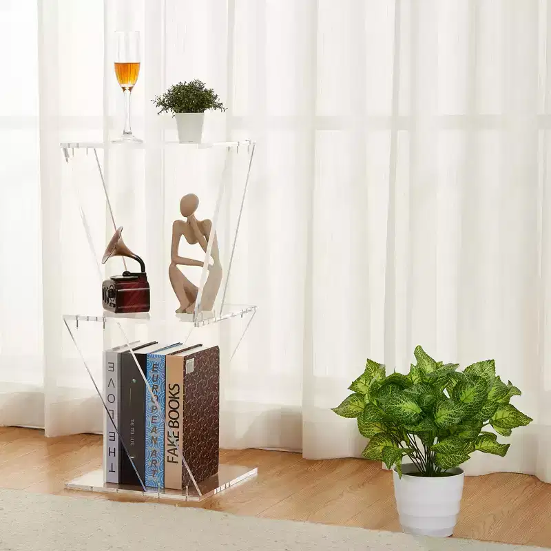 3-Tier Clear Acrylic Ladder Bookshelf - Wall-Mounted Space-Saving Display Shelf (FM106 Three-Layer Tree) for Living Room/Bathroom,11.8x11.8x27.4