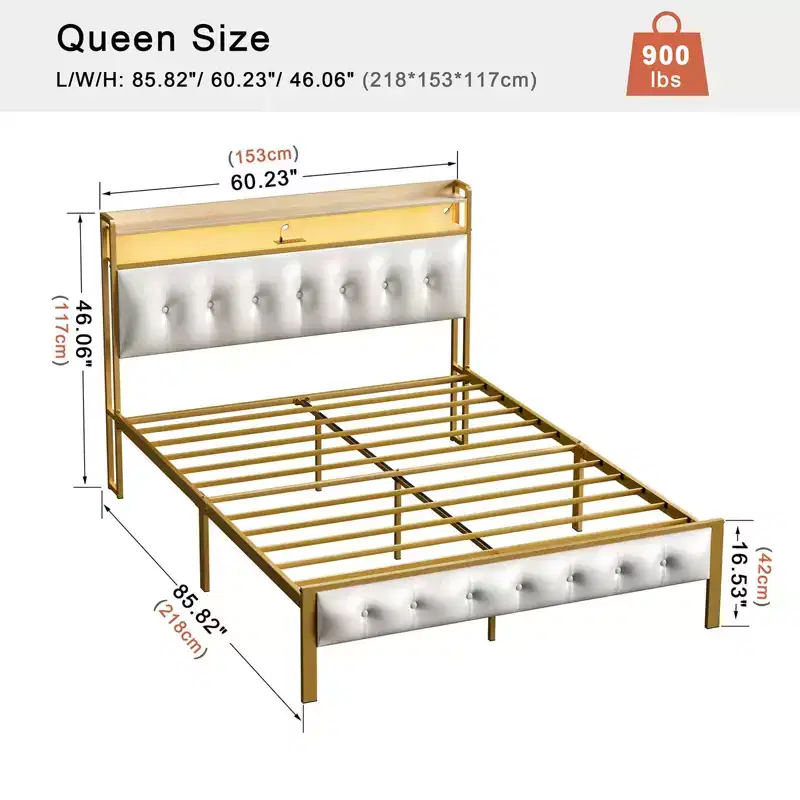 Hausource Upholstered Bed Frame White: LED Headboard, USB Ports, No Box Spring Needed