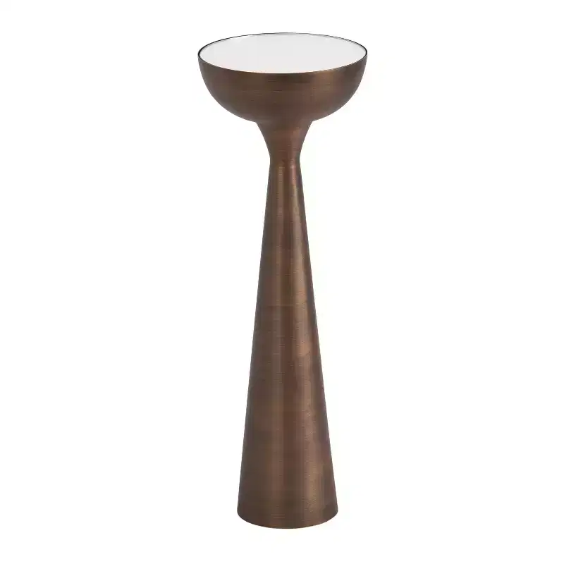 Mirrored Round Drink Table - Sculptural Metal Base, Mid-Century Style