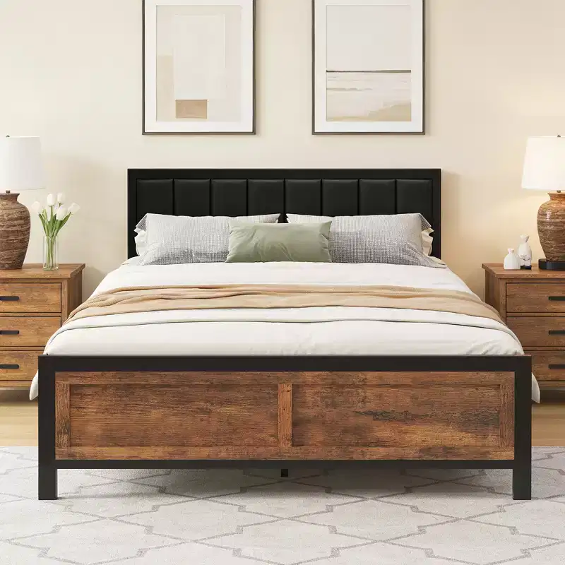 Dyonery Bed Frame with Upholstered Headboard,Metal Bed Frame with Footboard,Noise-Free,No Box Spring Needed,Easy Assembly