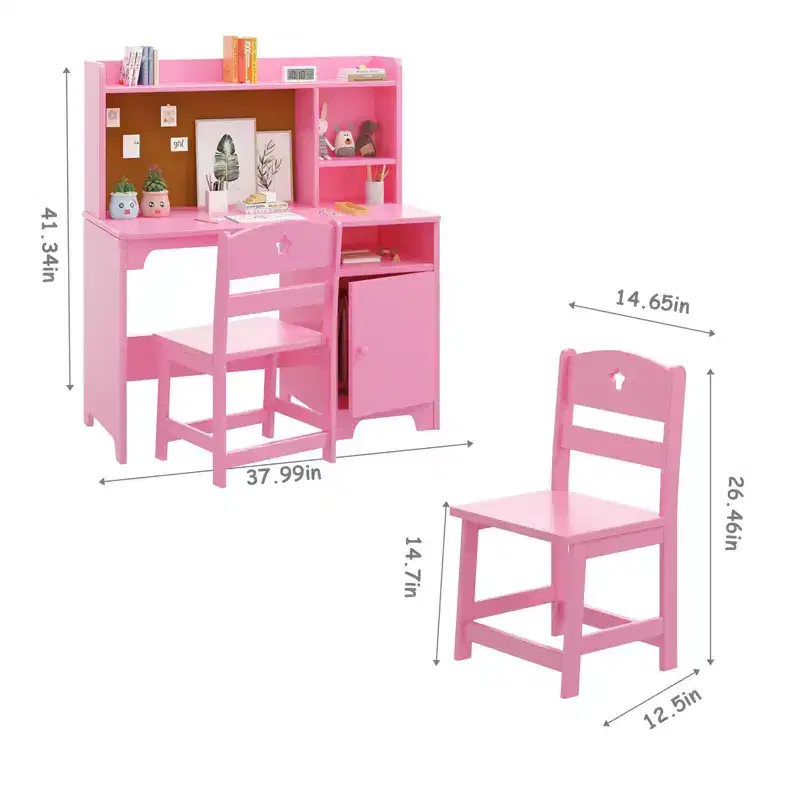 Kid's Study Desk and Chair Set,Wooden Ergonomic Design,Includes Bookshelf Organizer & Cork Bulletion Board for Children Studying, Writing, Drawing