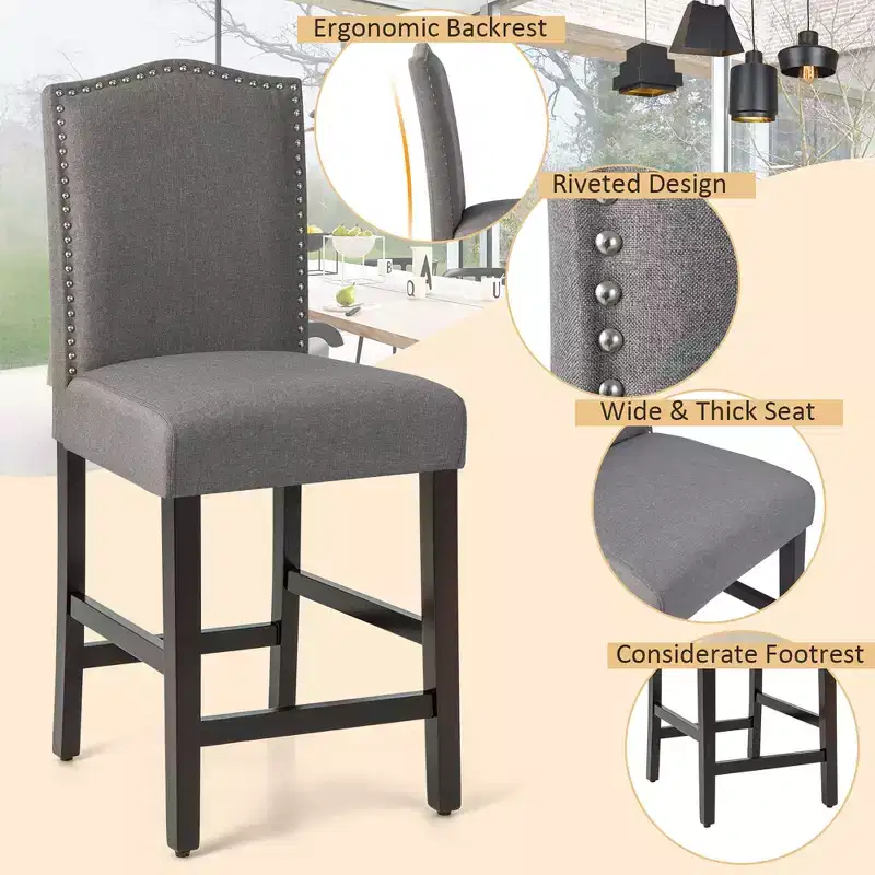 Costway Set of 2 Fabric Barstools Nail Head Trim Counter Height Dining Side Chairs Grey/Beige