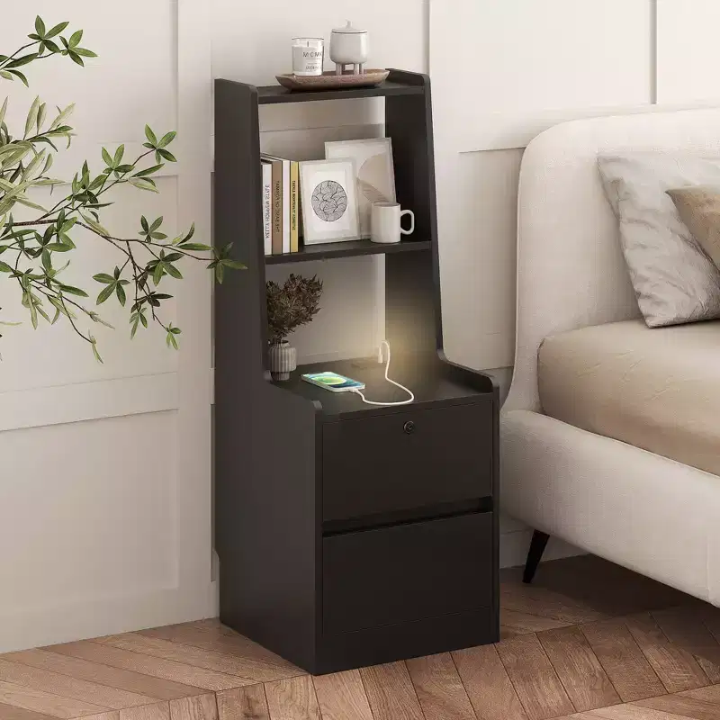 Modern Nightstand with Charging Station LED/Night Light Door Cabinet Lockable (Black)