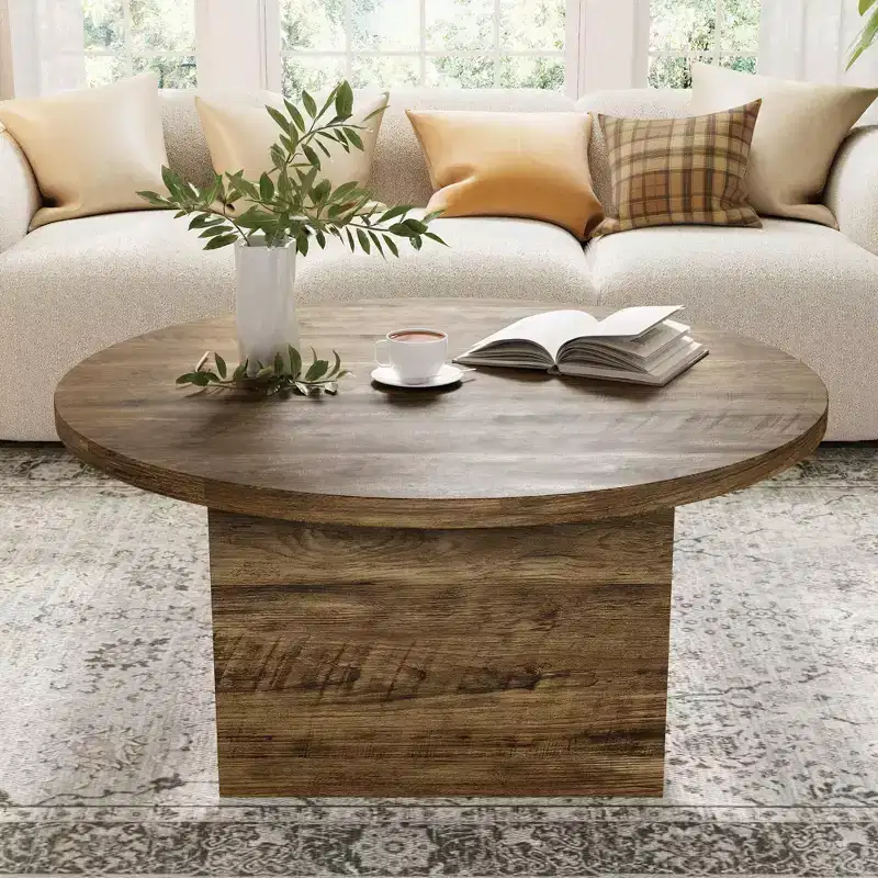 35-Inch Round Engineered Wood Coffee Table for Living Room, Mid-Century Modern, White