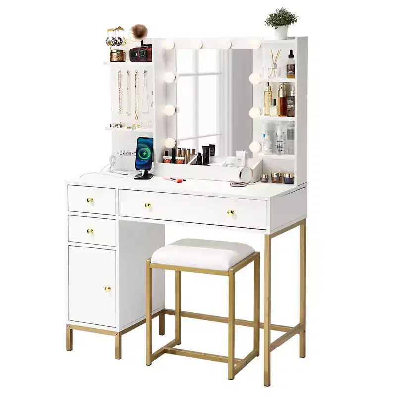 Vanity Desk with Mirror, Adjustable Lighted Mirror, Storage Drawers, Jewelry Hooks, 3 Lighting Modes, for Bedroom, Dressing Room